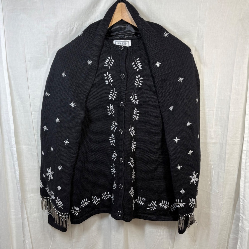 Jennifer Moore Beaded Snowflakes Cardigan Detachable Scarf Size S‎ Black Silver